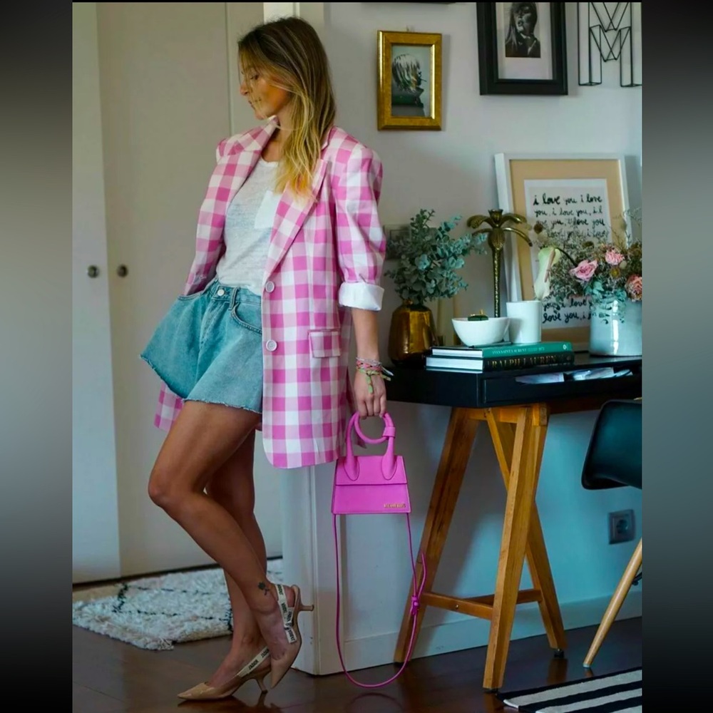 Zara Oversized Gingham Print Blazer Jacket Pink/White Size XS NEW